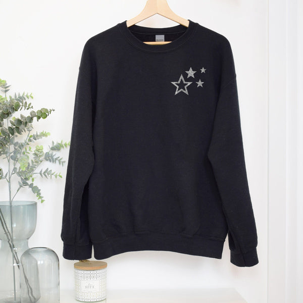 Silver Glitter Scattered Stars Black Sweatshirt | Betty Bramble