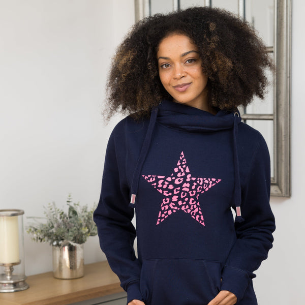 Neon Pink Leopard Print Star Cowl Neck Hoodie