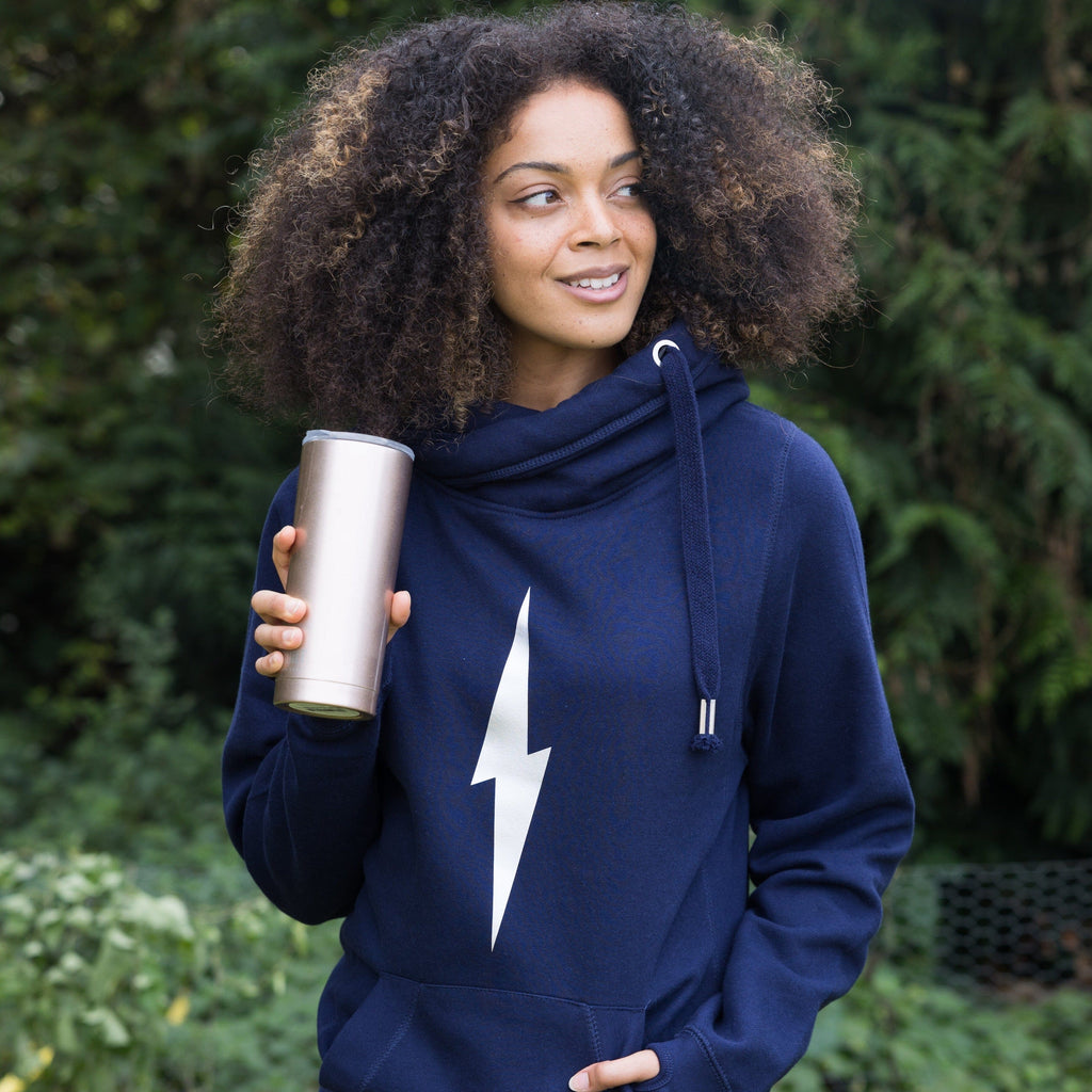 Silver Lightning Bolt Cowl Neck Hoodie in Navy Blue