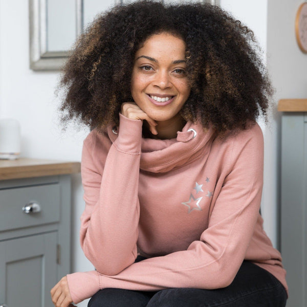 Cowl Neck Hoodie with Metallic Silver Scattered Stars