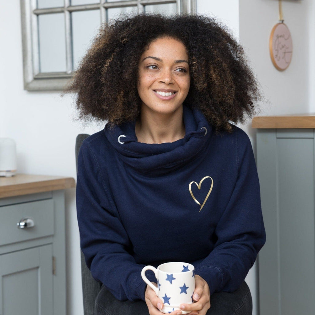 Navy Cowl Neck Hoodie with Gold Heart