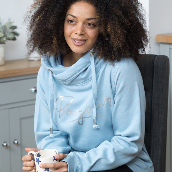 Sky Blue Bonjour Cowl Neck Hoodie