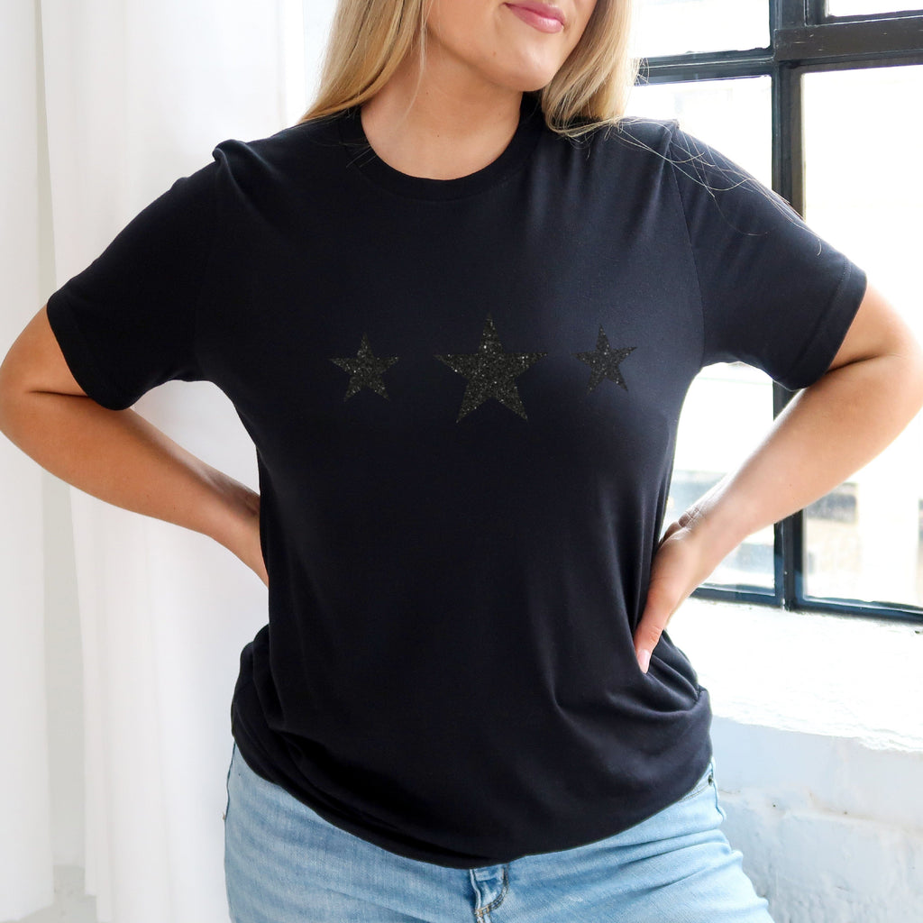 Black Triple Glitter Stars Ladies T-Shirt