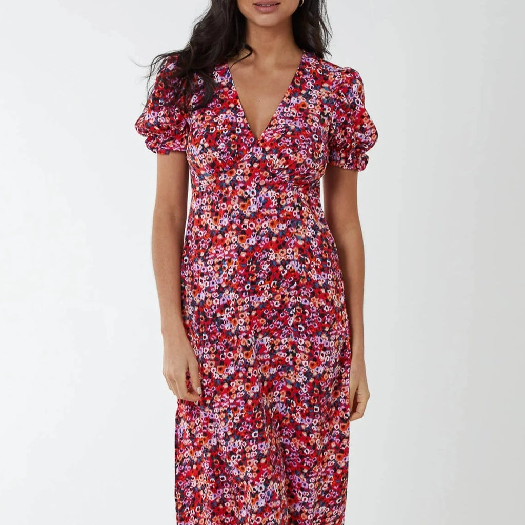 Floral Puff Sleeve Midi Dress in Red