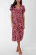 Floral Puff Sleeve Midi Dress in Red