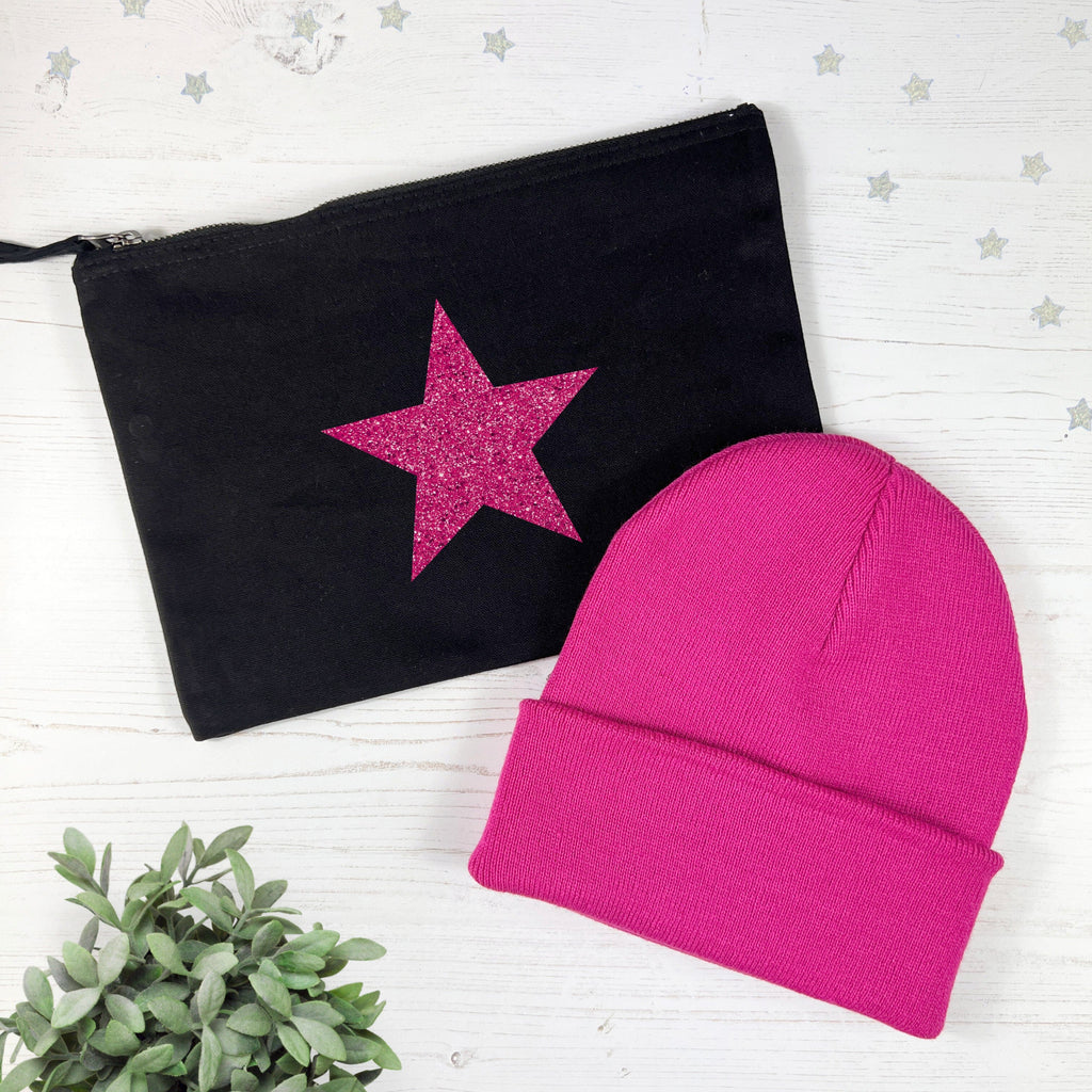 Bright Pink Glitter Star Make-Up Bag and Hat Set