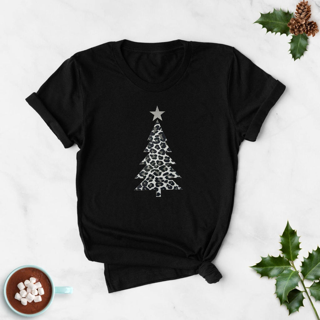 Leopard Print Christmas Tree T Shirt in Black