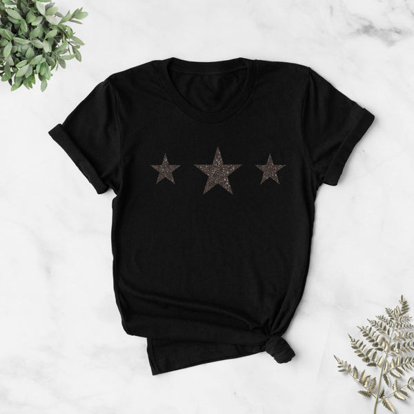 Triple Glitter Black Stars Ladies T Shirt