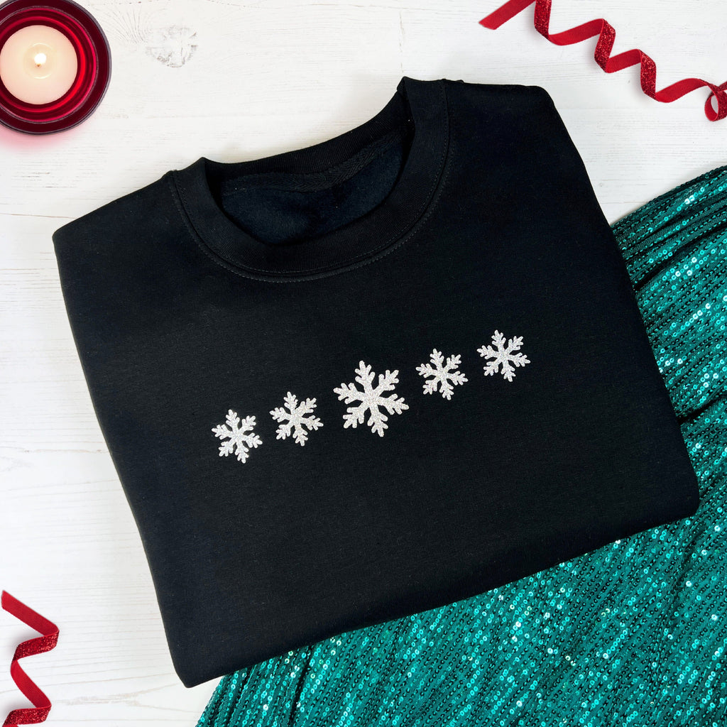 SMALL - Silver Glitter Snowflake Black Sweatshirt - SAMPLE - Express Delivery Available At Betty Bramble