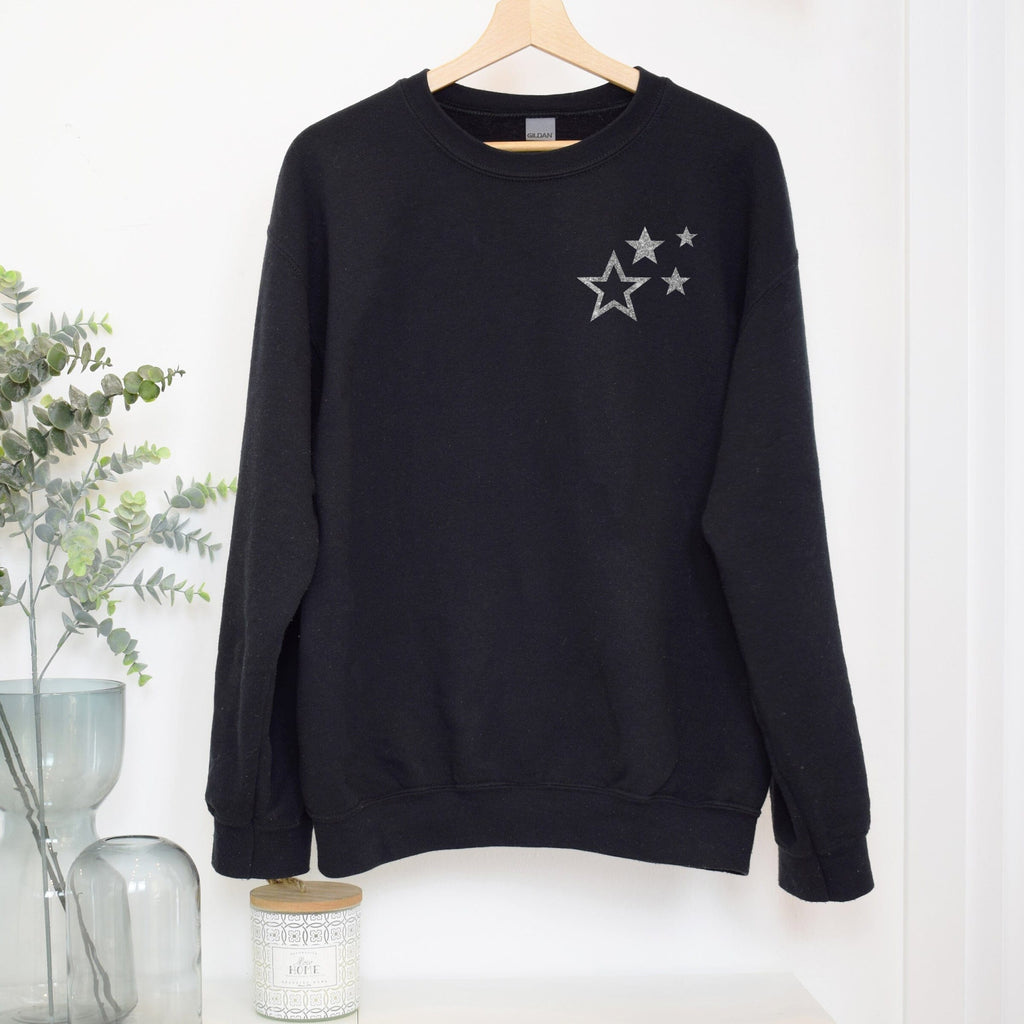 Silver Glitter Scattered Stars Black Sweatshirt - Express Delivery Available At Betty Bramble