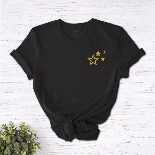 SAVE 30% - Gold Scattered Stars Ladies Black T Shirt