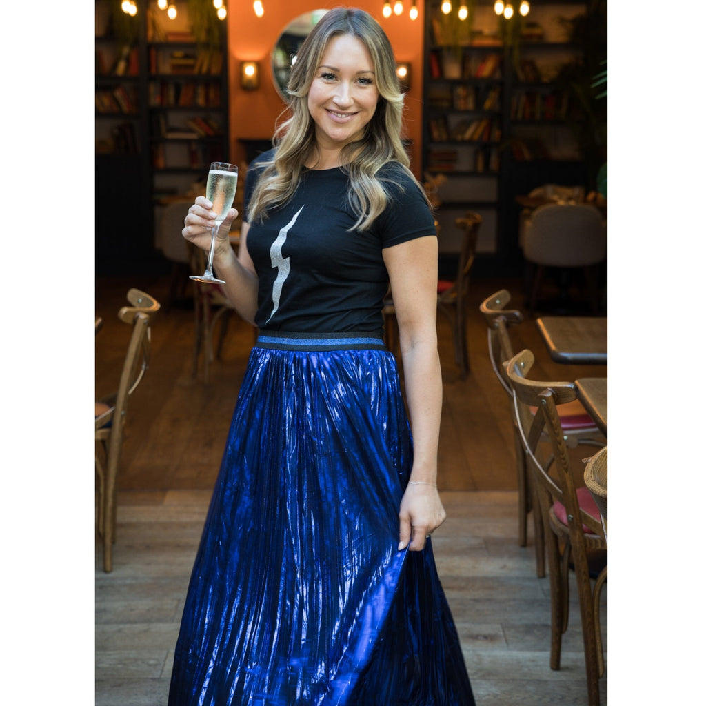 Ladies Metallic Blue Pleated Skirt