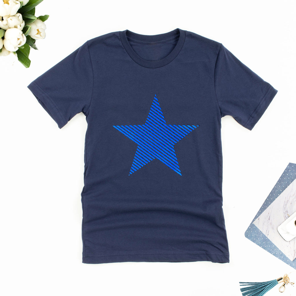 Metallic Blue Striped Star T Shirt - BOYFRIEND FIT