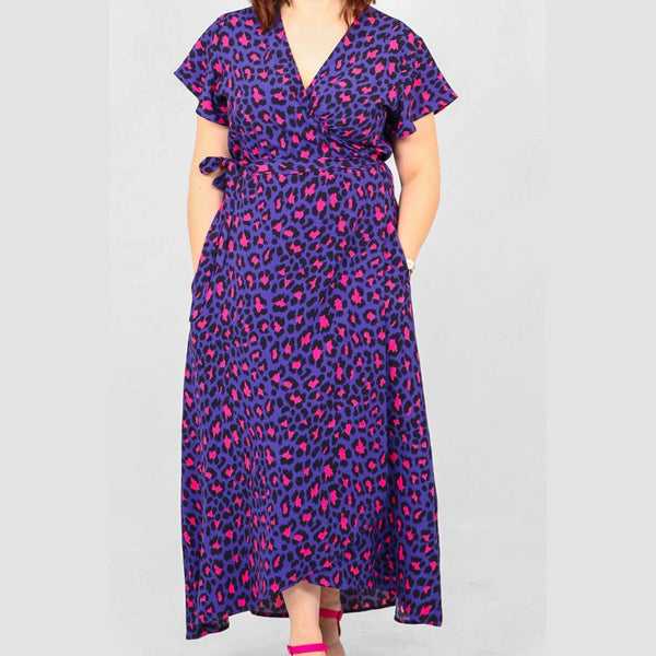 Bright Blue and Pink Leopard Print Midi Wrap Dress