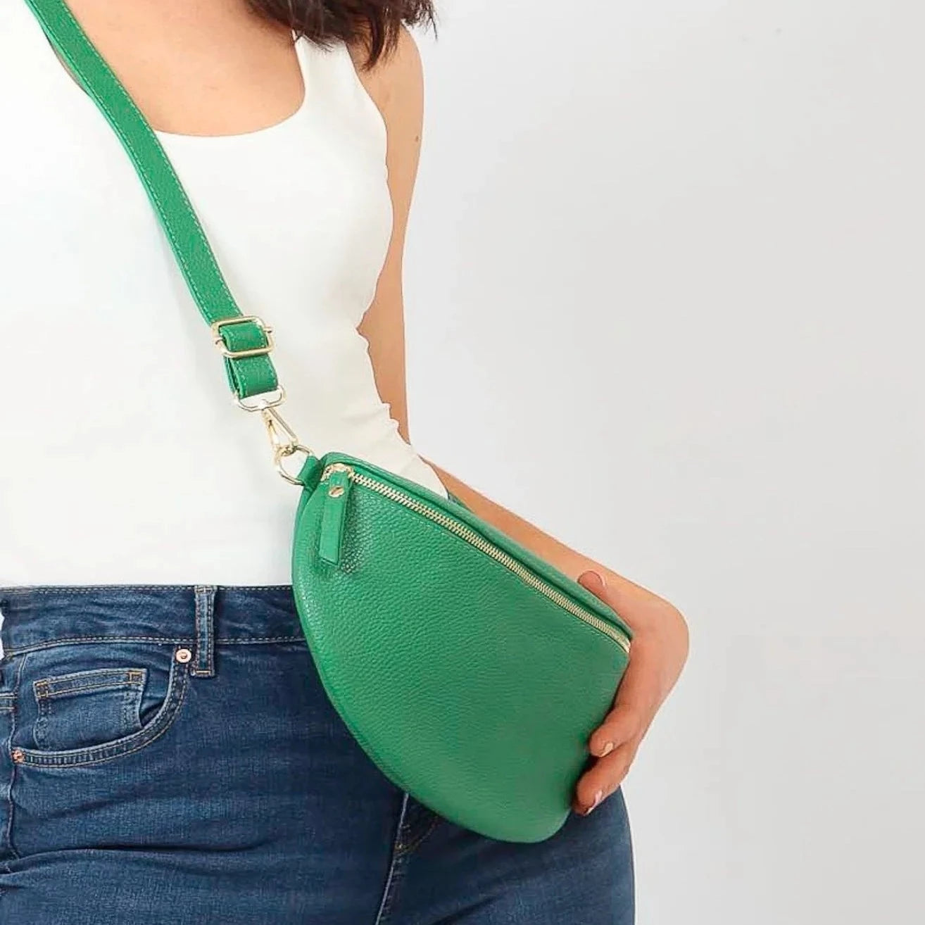 Bright Green Large Italian Leather Half Moon Crossbody Bag