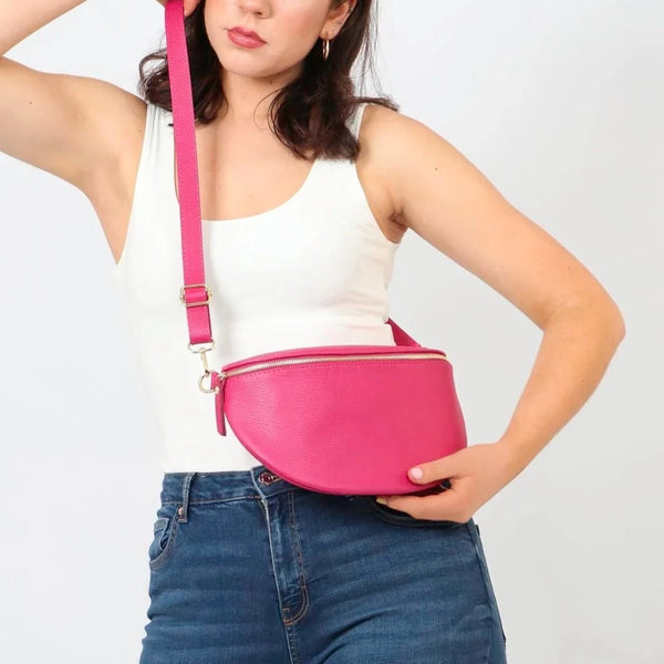 Bright Pink Large Italian Leather Half Moon Crossbody Bag