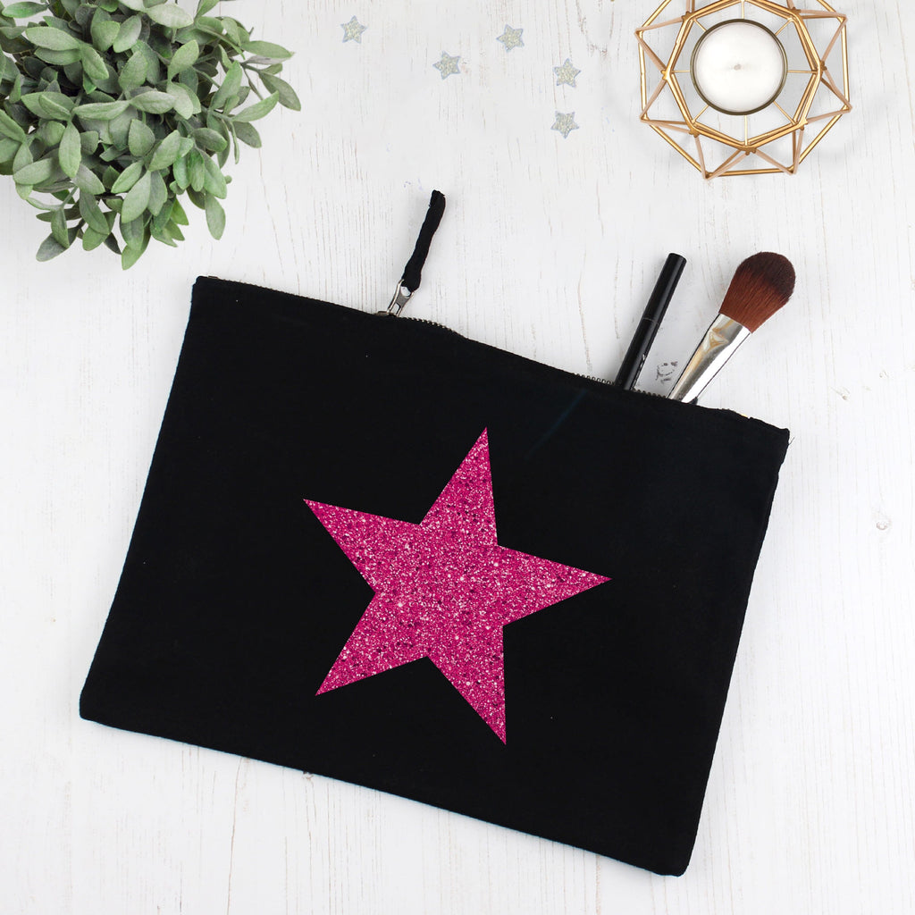 Bright Pink Glitter Star Make Up Bag
