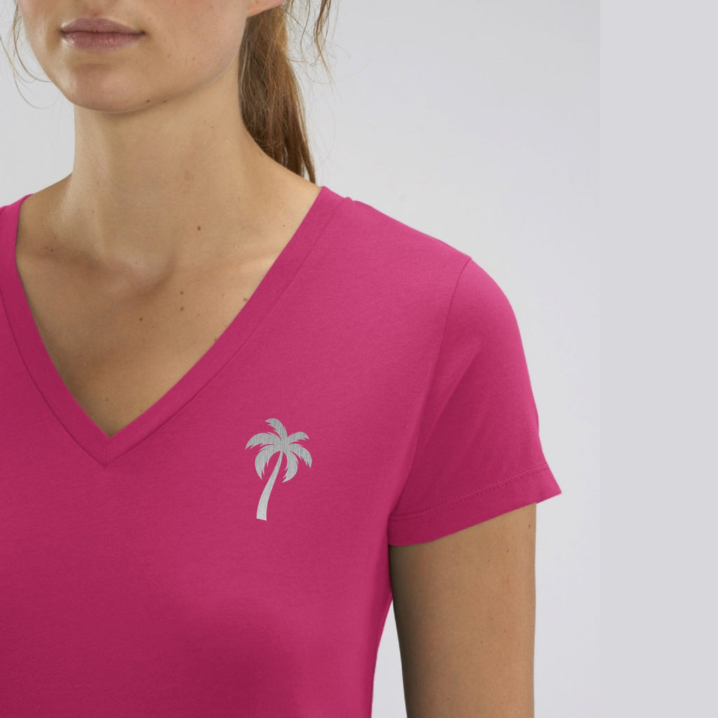 Bright Pink Silver Palm Tree V-Neck T-Shirt