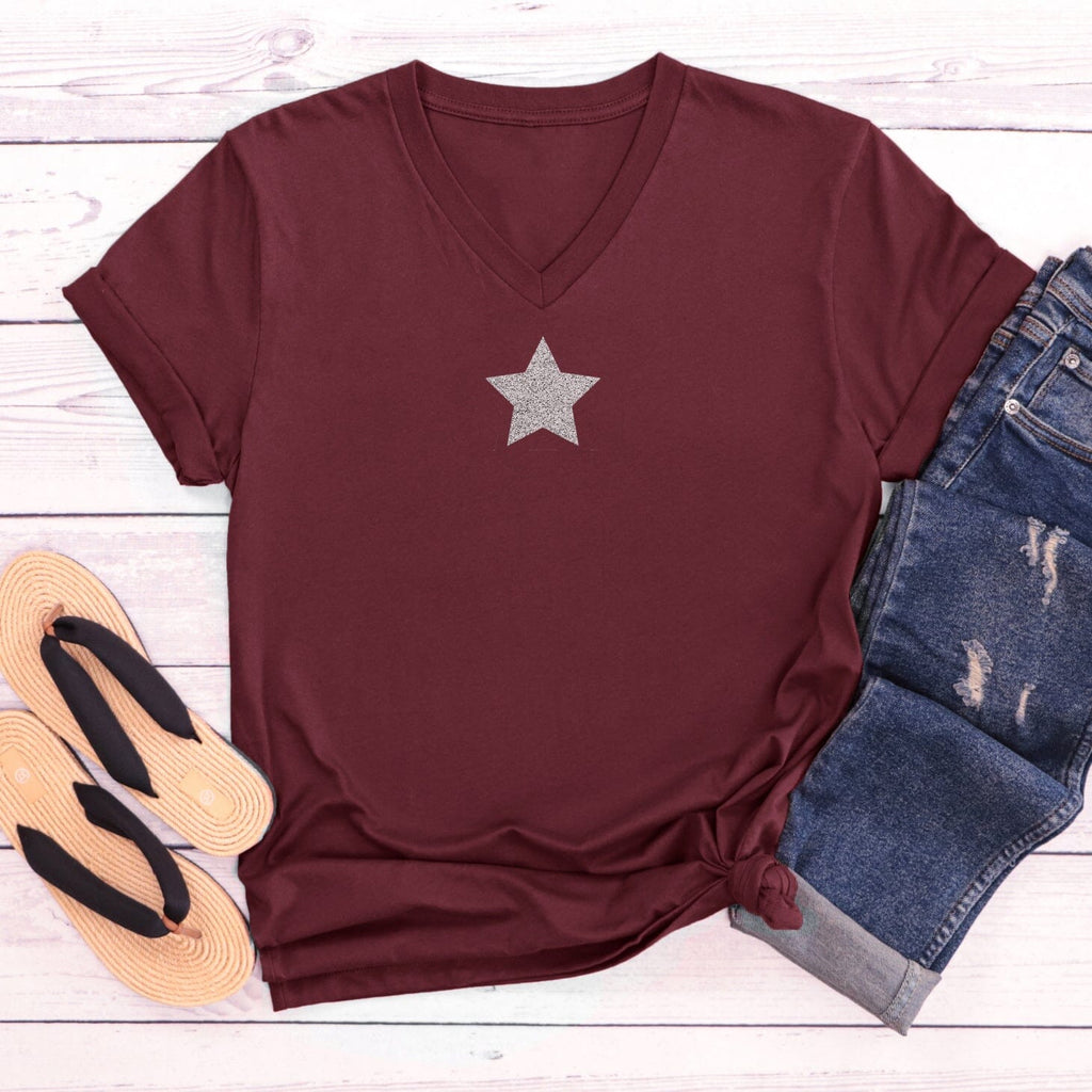 Silver Glitter Star Burgundy V-Neck T-Shirt