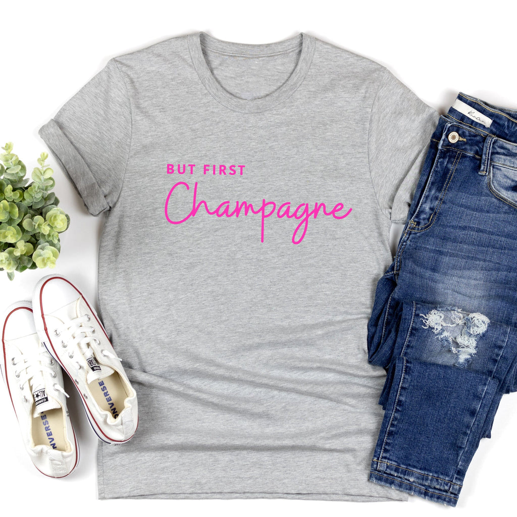 Neon Pink But First Champagne Ladies T Shirt