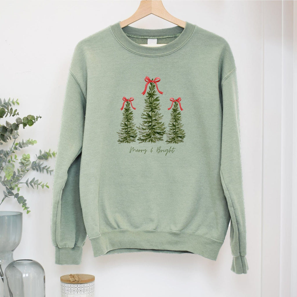 Pine Trees Merry and Bright Sage Green Sweatshirt - Express Delivery Available At Betty Bramble