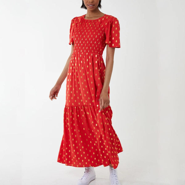 Coral and Gold Leaf Tiered Maxi Dress