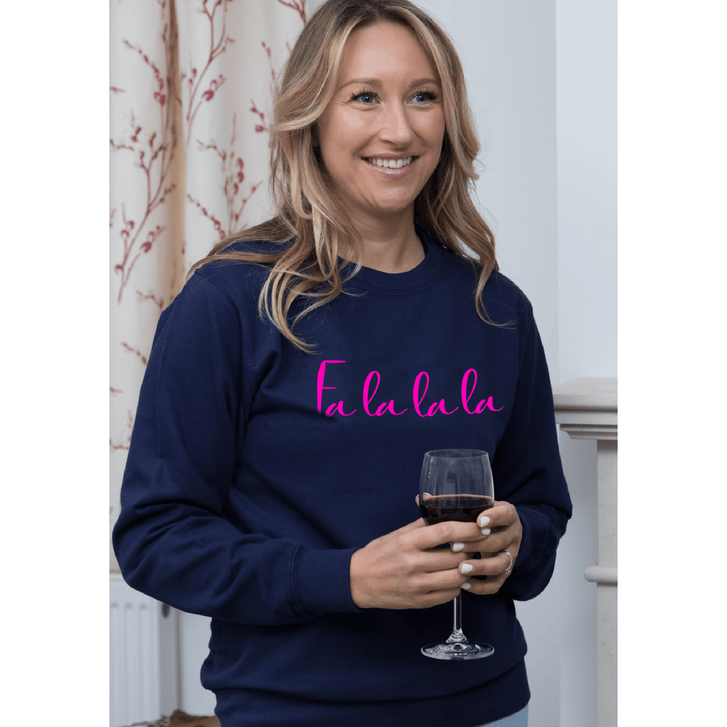 MEDIUM - Neon Fa La La La Navy Christmas Jumper - SAMPLE - Express Delivery Available At Betty Bramble