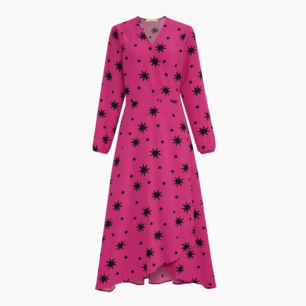 Fuchsia Midi Wrap Dress with Black Stars