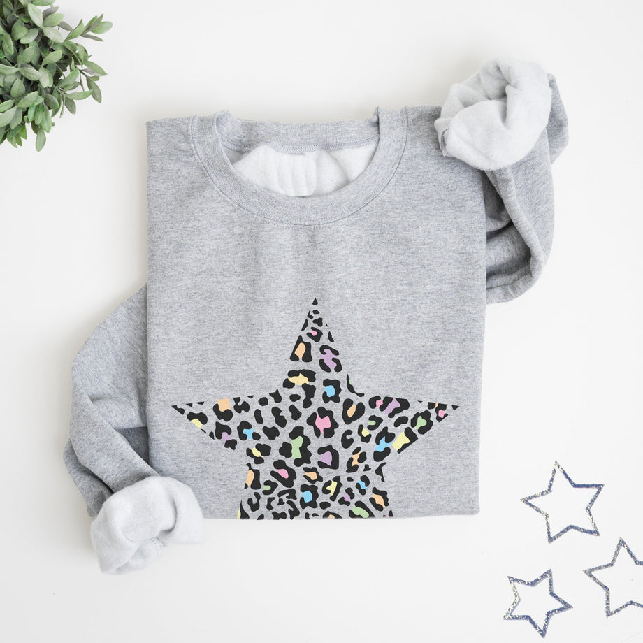 Rainbow Leopard Star Grey Sweatshirt by Betty Bramble