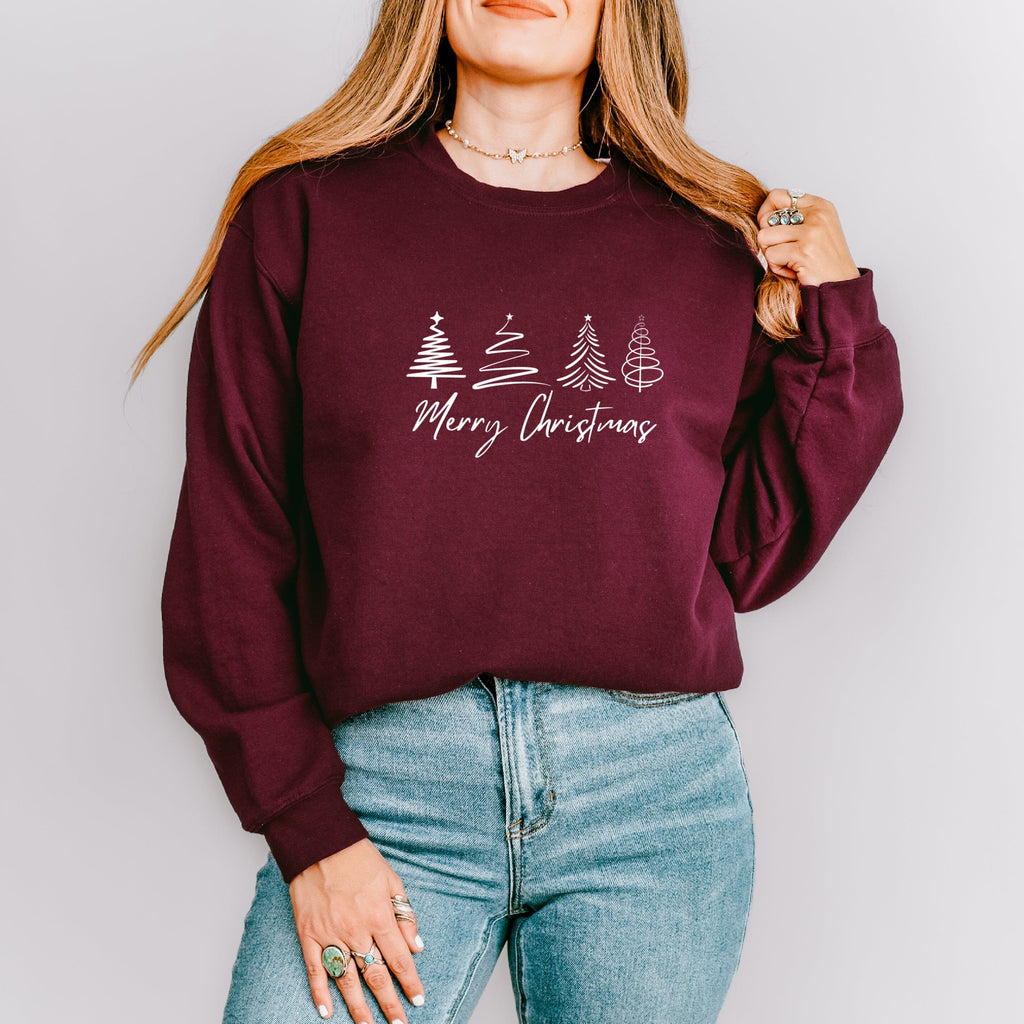 Merry Christmas Illustrated Trees Burgundy Sweatshirt - Express Delivery Available At Betty Bramble