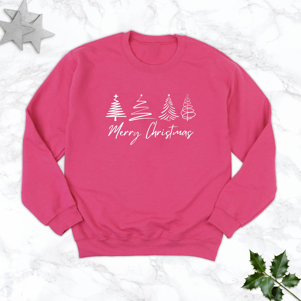 Merry Christmas Illustrated Trees Bright Pink Sweatshirt - Express Delivery Available At Betty Bramble