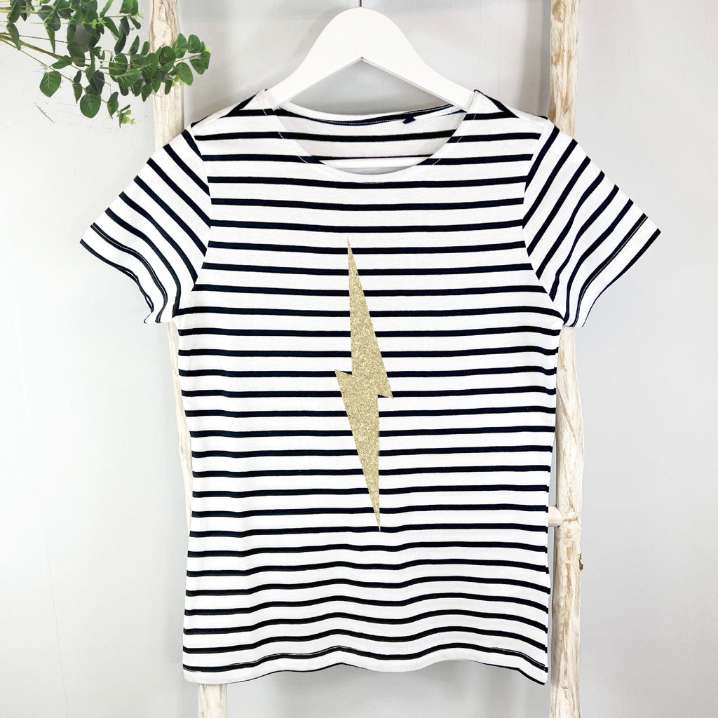 Gold Glitter Lightning Bolt Breton Striped T Shirt