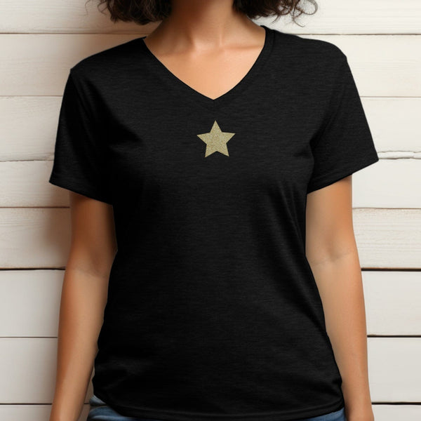 Light Gold Glitter Star Black V-Neck T-Shirt