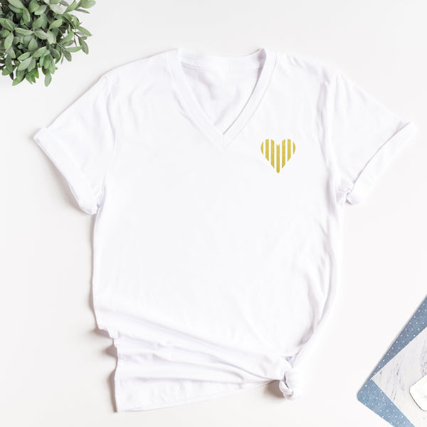 Gold Striped Heart White V-Neck T-Shirt