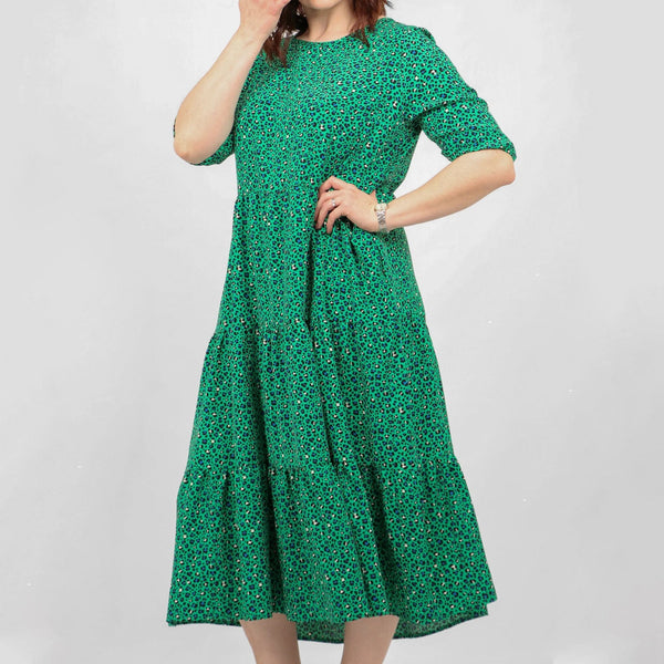 Bright Green Leopard Print Tiered Dress