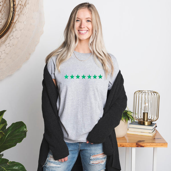 Metallic Green Mini Stars Grey T Shirt - BOYFRIEND FIT