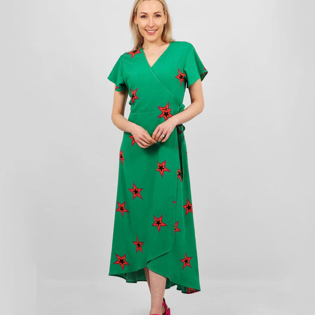 Green Star Outline Midi Wrap Dress