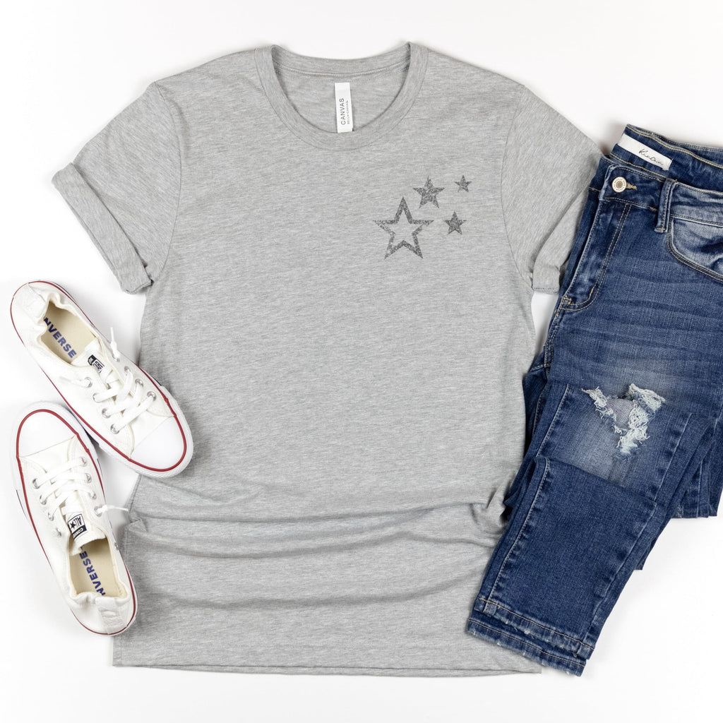 Silver Glitter Scattered Stars Ladies Grey T Shirt