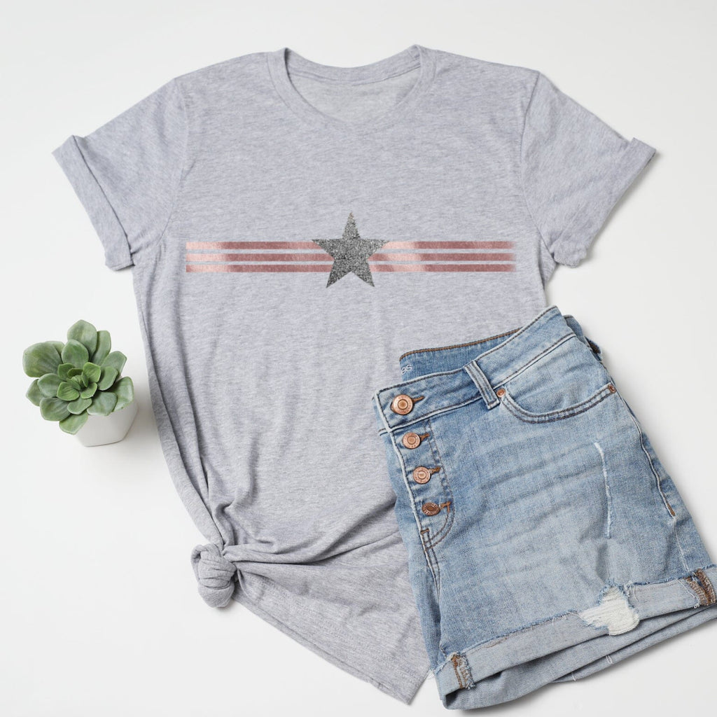 Rose Gold Ladies Stripe and Glitter Star T Shirt