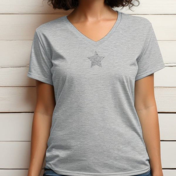 Silver Glitter Star Grey V-Neck T-Shirt