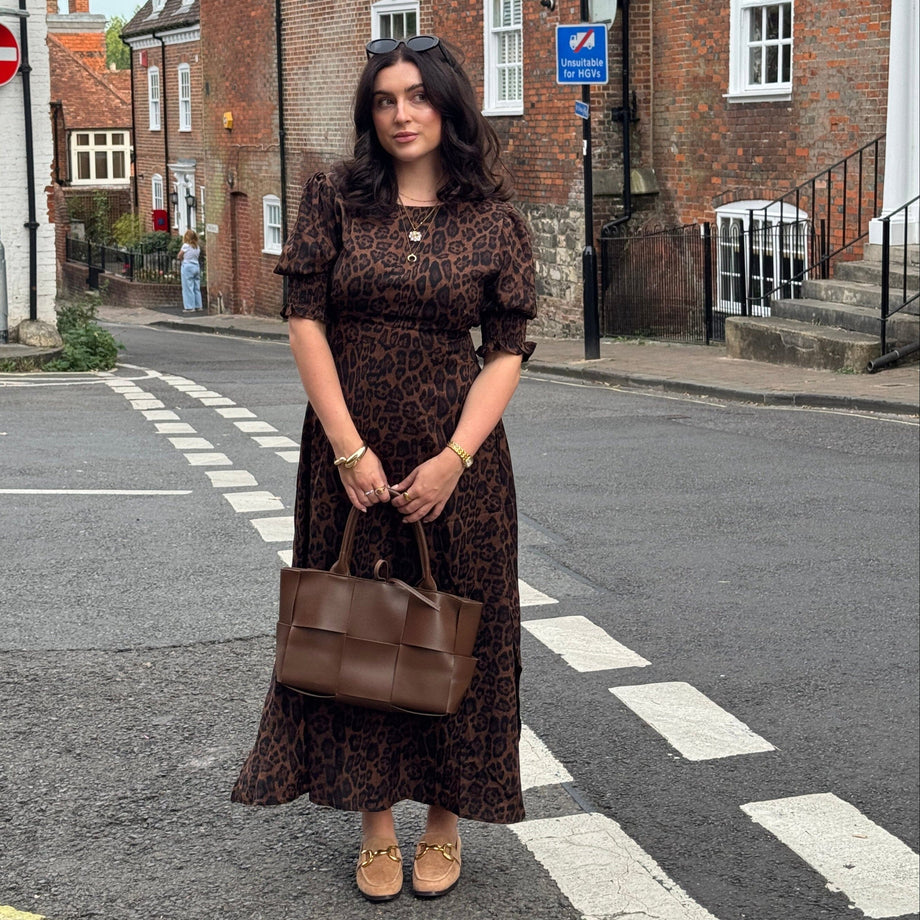Grace Leopard Print Midi Tiered Dress by Betty Bramble