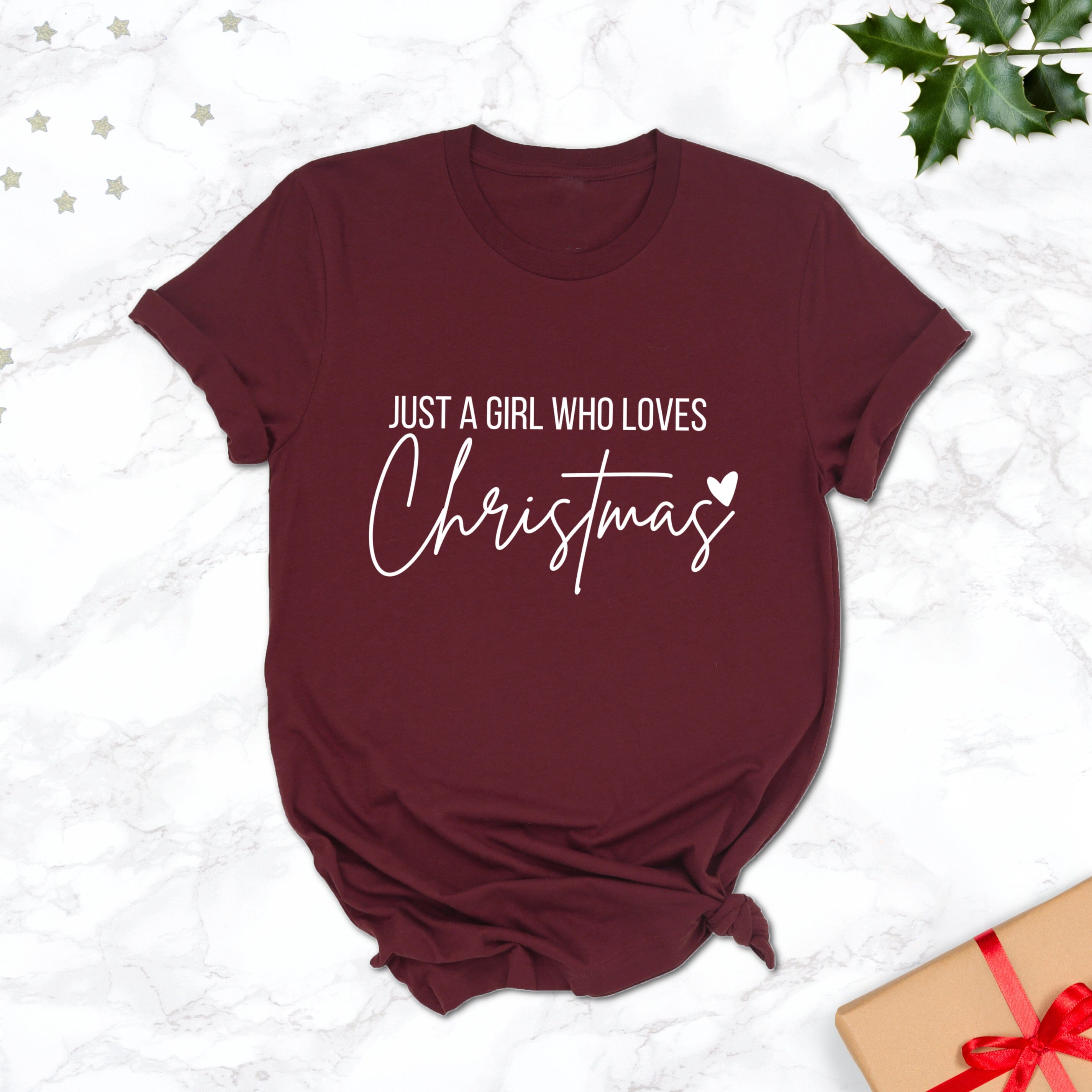 MIXED SIZES Just a Girl Who Loves Christmas Burgundy T Shirt SAMPL Betty Bramble