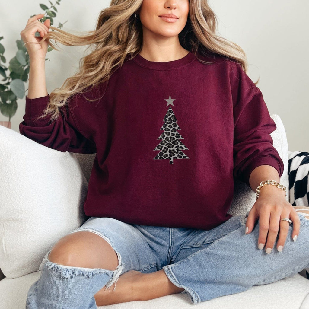 Silver Leopard Christmas Tree Plum Sweatshirt