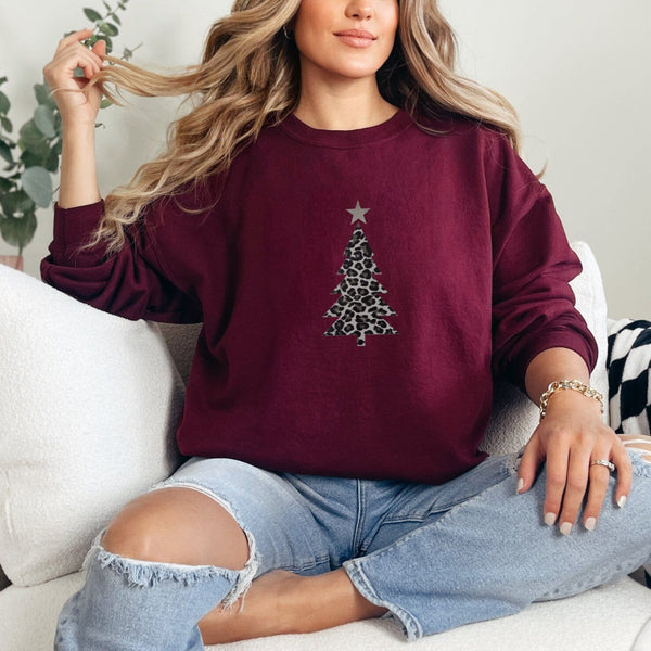 Silver Leopard Christmas Tree Plum Sweatshirt