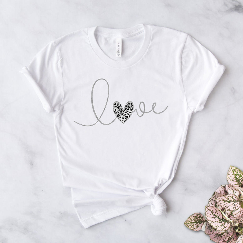 Ladies Silver Love T-Shirt with Leopard Heart