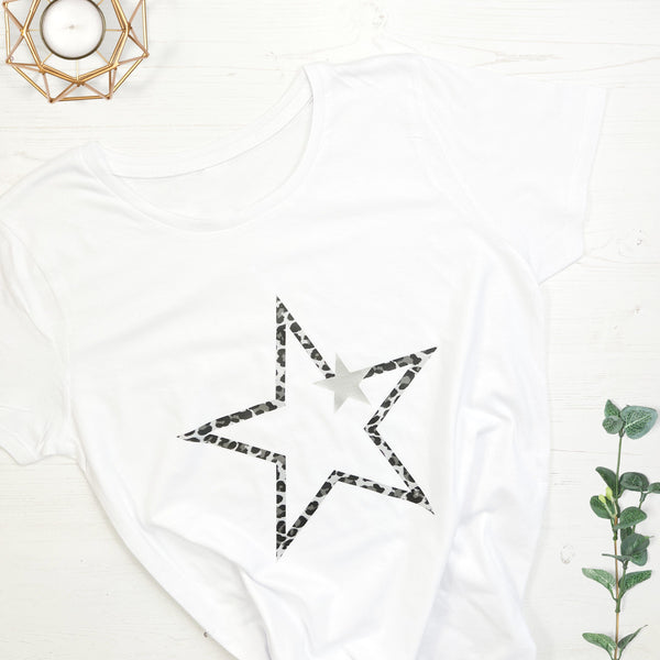 Leopard Starstruck Ladies White T Shirt - BOYFRIEND FIT