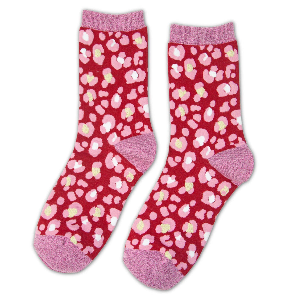 Pink and Red Women's Glitter Leopard Print Socks