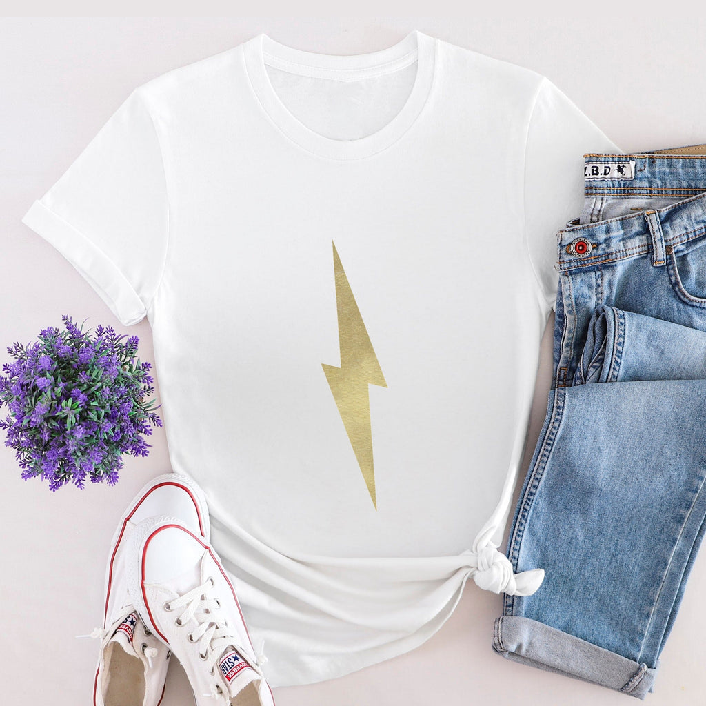 XXLARGE - Ladies Metallic Gold Lightning Bolt White T Shirt - SECONDS - Express Delivery Available At Betty Bramble