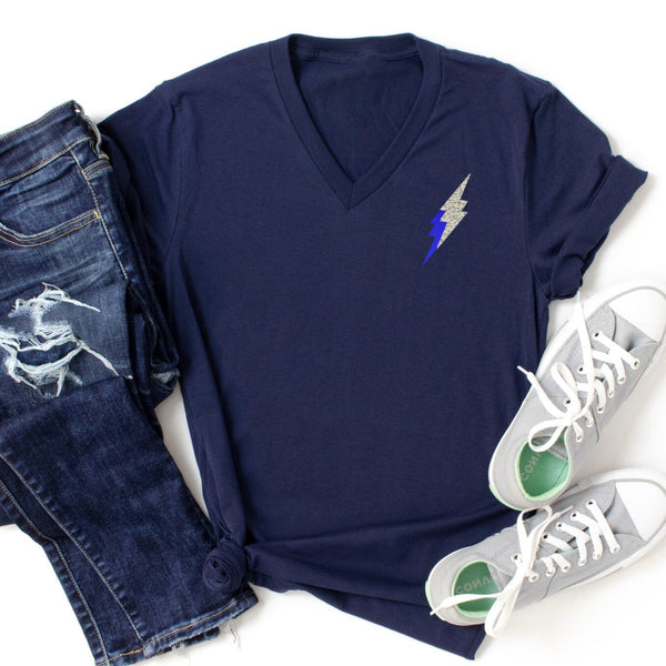 Silver and Blue Mini Lightning Bolt V-Neck T-Shirt
