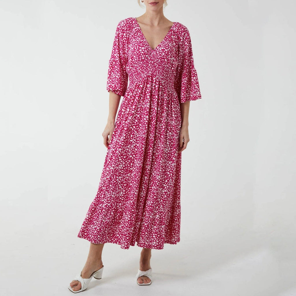 Shirred Waist Pink Spot Maxi Dress
